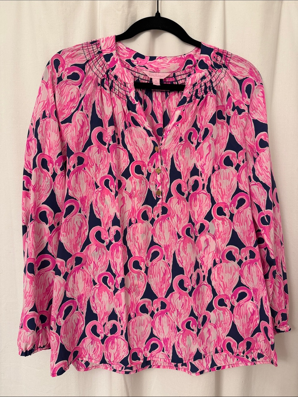 Lilly Pulitzer Pink Flamingo Print Navy Long-Sleeve Blouse